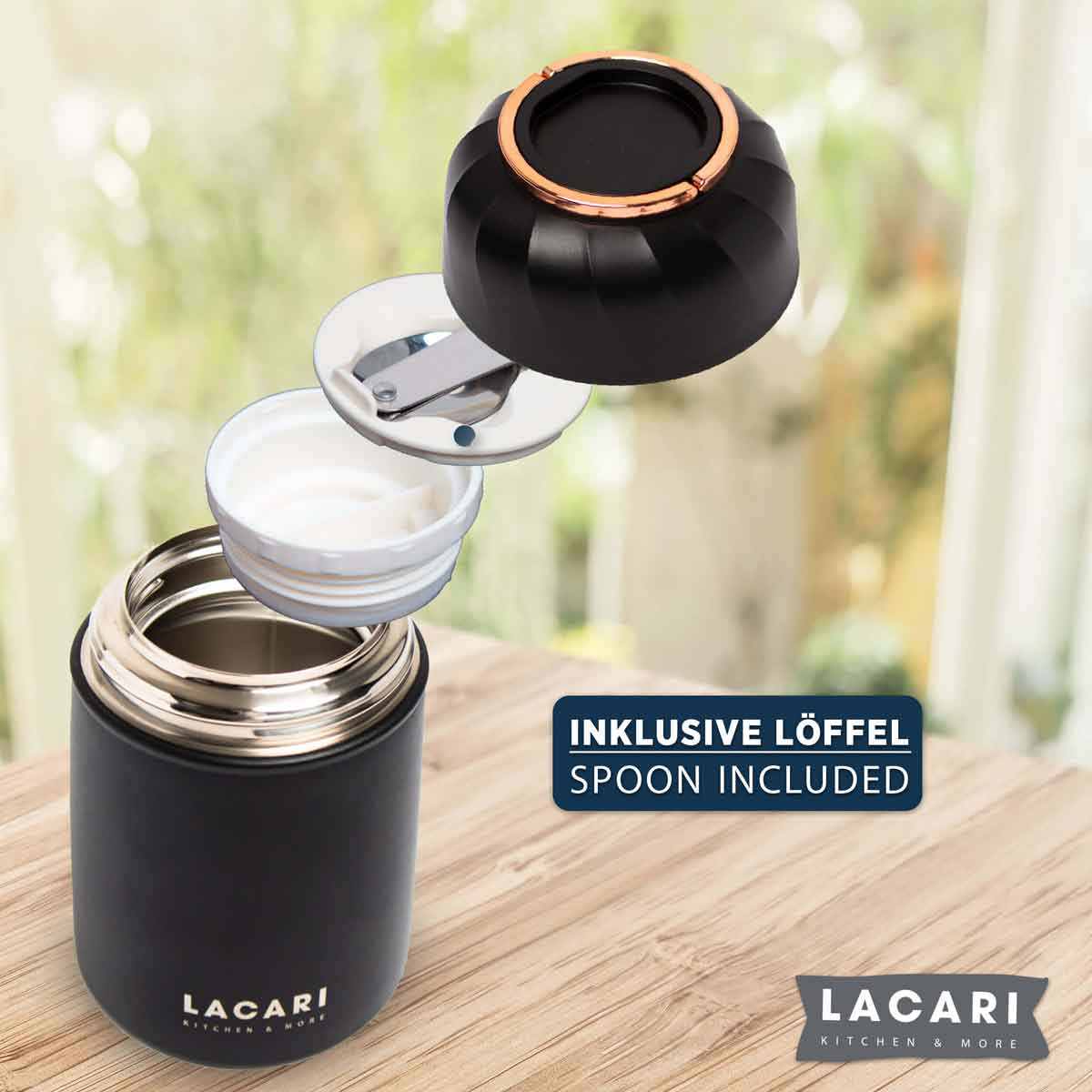 Edelstahl Thermobehälter für Essen - 500ml, Schwarz, Auslaufsicher Thermosflaschen Lacari 