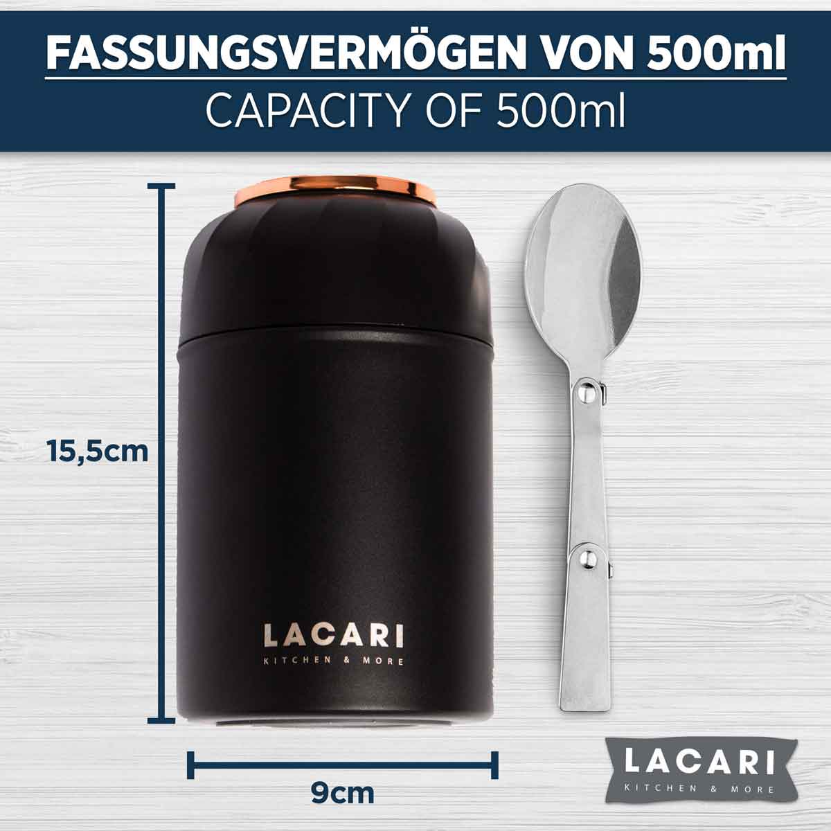 Edelstahl Thermobehälter für Essen - 500ml, Schwarz, Auslaufsicher Thermosflaschen Lacari 