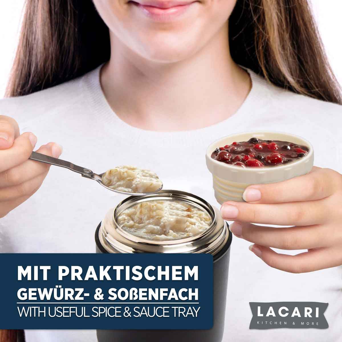 Edelstahl Thermobehälter für Essen - 500ml, Schwarz, Auslaufsicher Thermosflaschen Lacari 