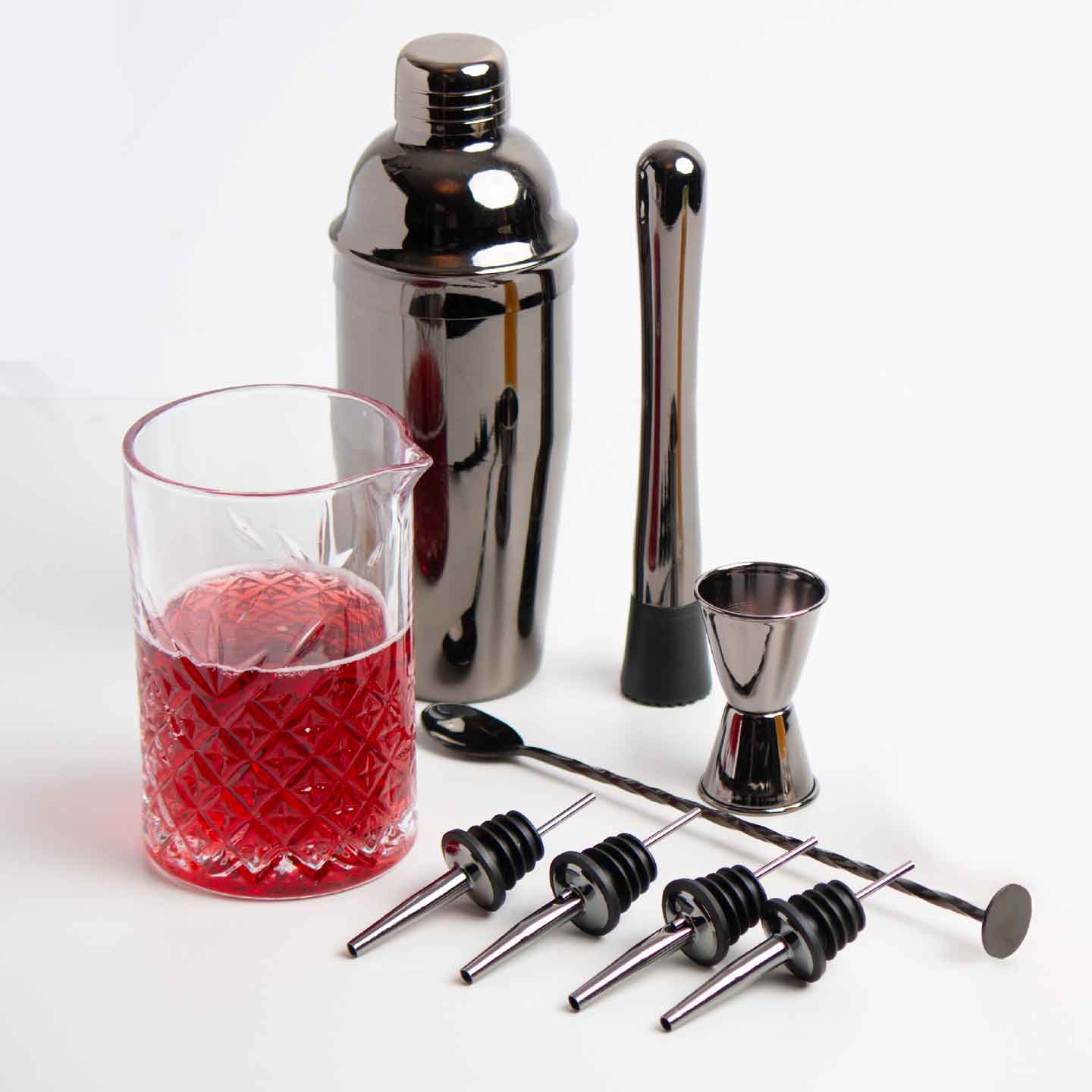 Edelstahl Cocktailset mit Ständer aus Bambus silber